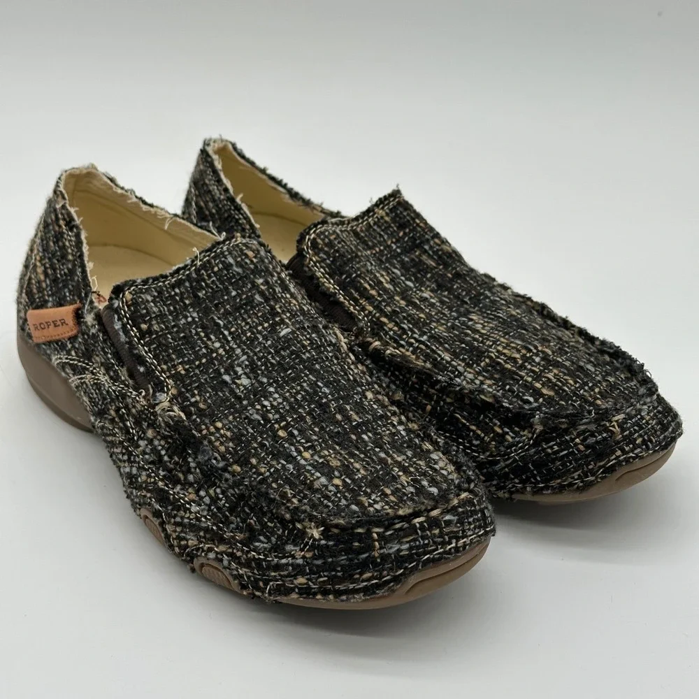 Roper Womens 7.5 Slip On Loafers Brown Woven Tweed Moc Toe Casual Rustic Boho